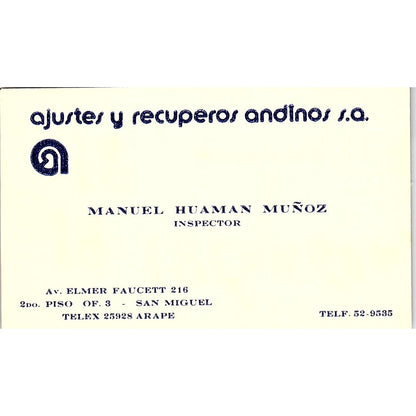 Manuel Huaman Muñoz Ajustes u Recuperos Andinos San Miguel Business Card SC9-B6