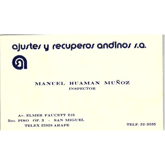 Manuel Huaman Muñoz Ajustes u Recuperos Andinos San Miguel Business Card SC9-B6
