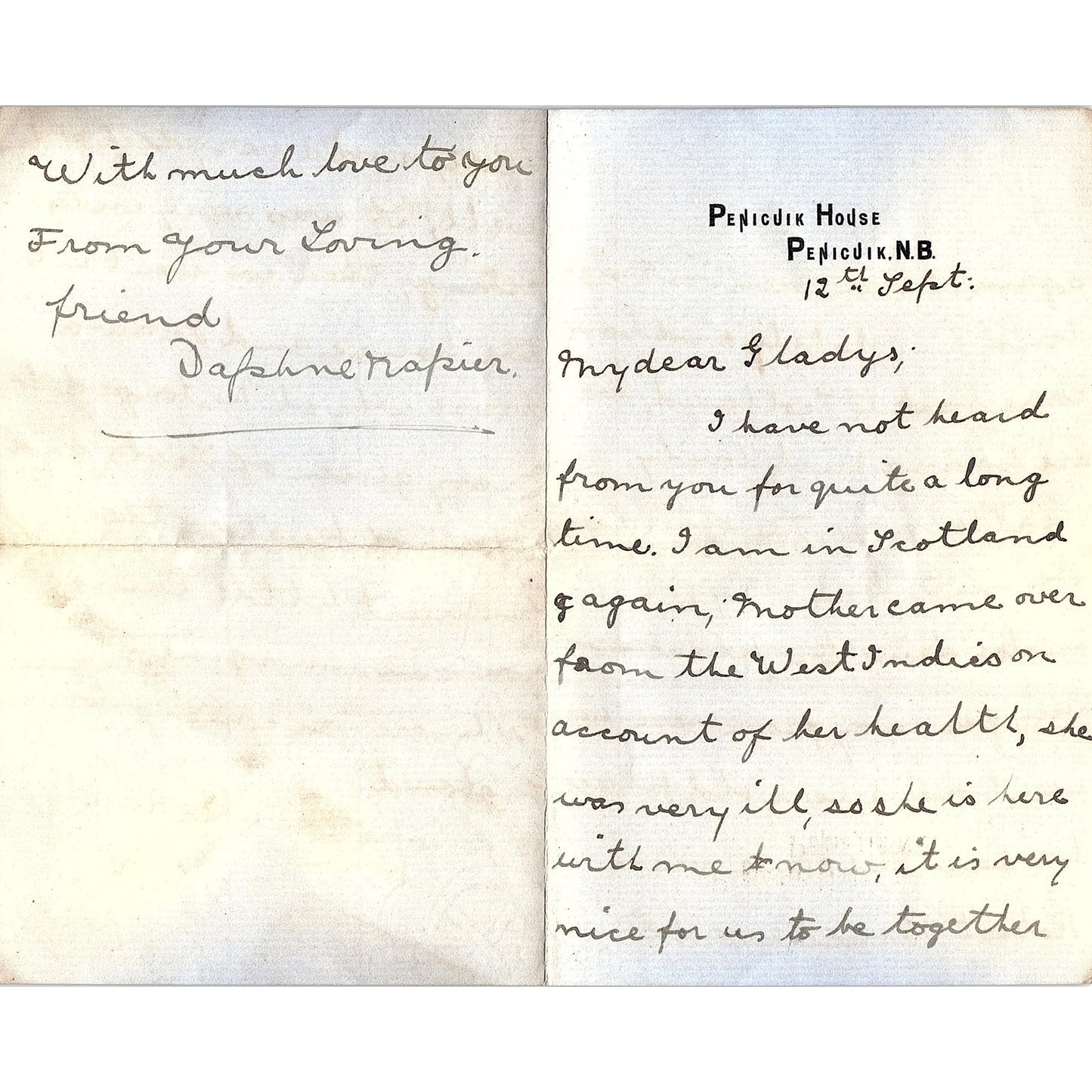 Early 1900s Handwritten Letter Penicuik House Penicuik NB Daphne Napier AF3-17