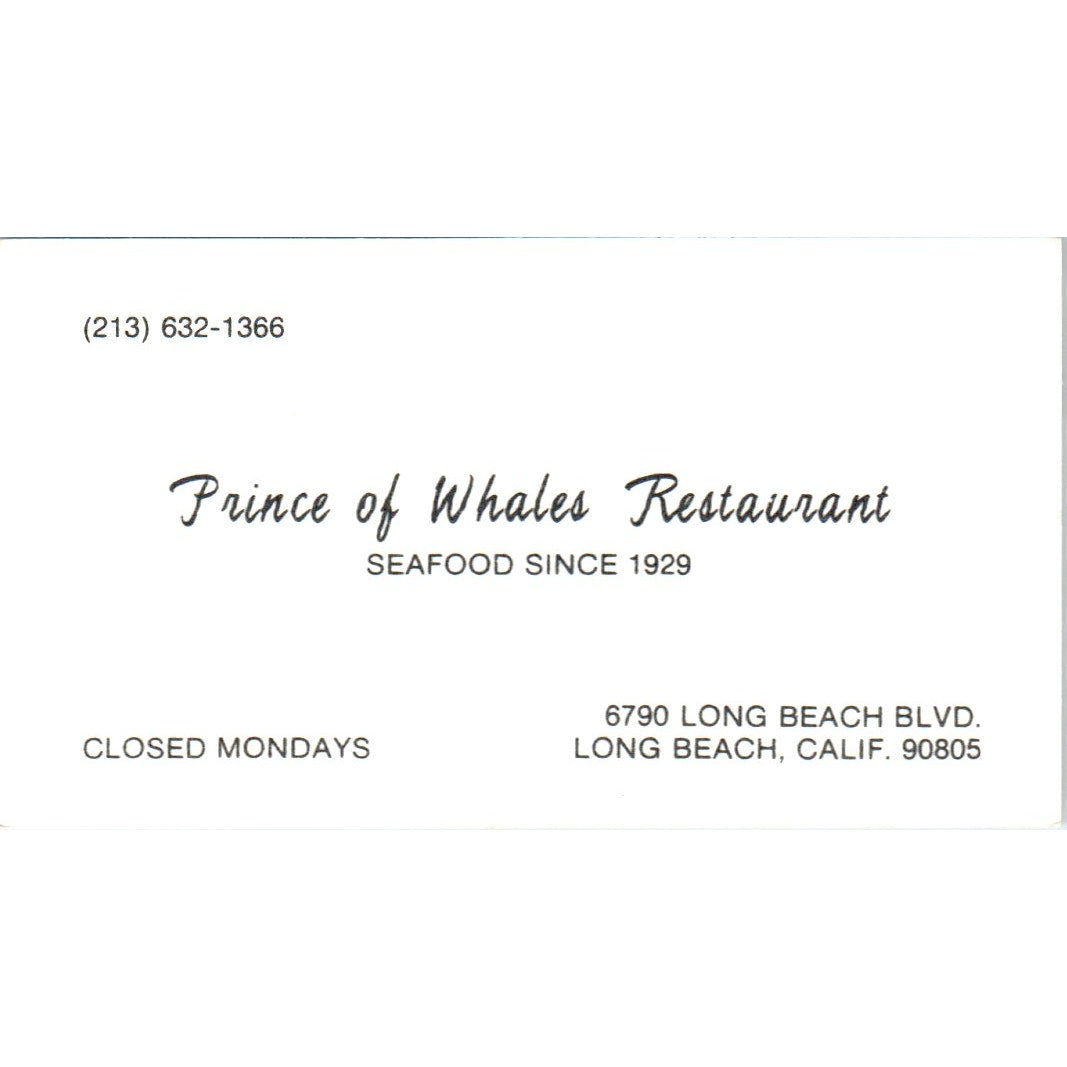 Prince of Whales Restaurant Long Beach CA Vintage Business Card SD8-B7