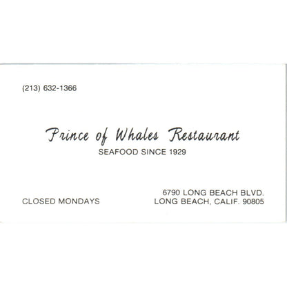 Prince of Whales Restaurant Long Beach CA Vintage Business Card SD8-B7