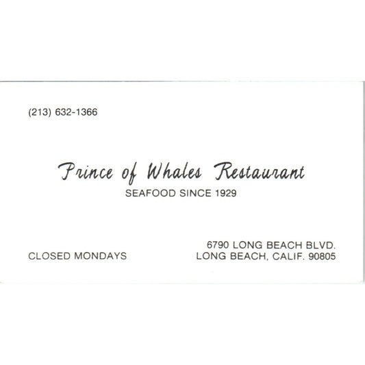 Prince of Whales Restaurant Long Beach CA Vintage Business Card SD8-B7