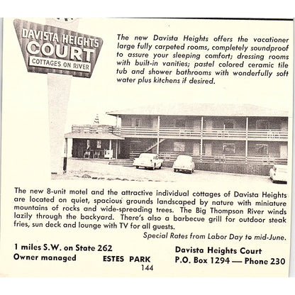 Caribbean Motor Lodge, Davista Heights Court Estes Park CO 1958 Ad AG1-H1