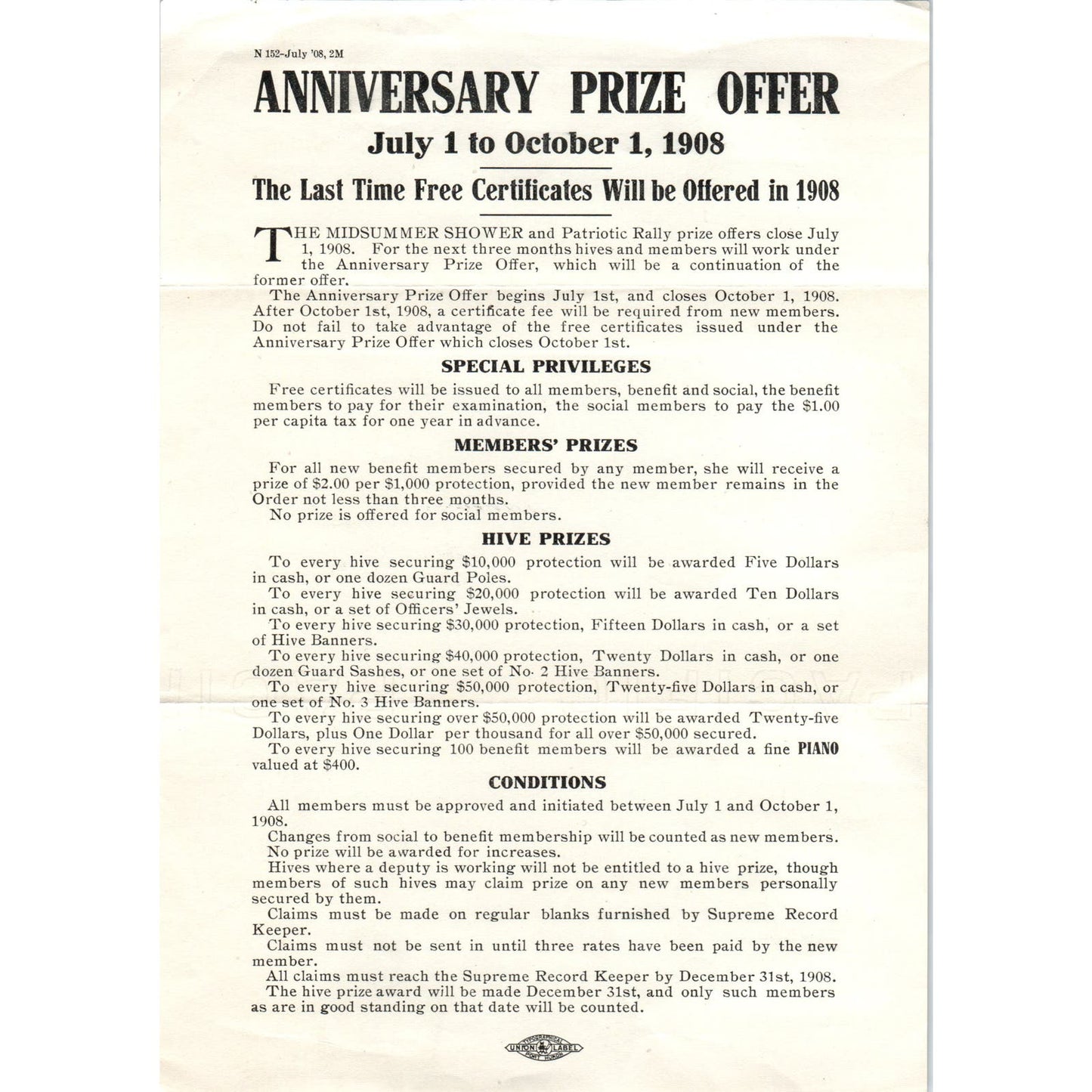 1908 Midsummer Shower and Patriotic Rally Hive Prize Offer Leaflet AE9-X2