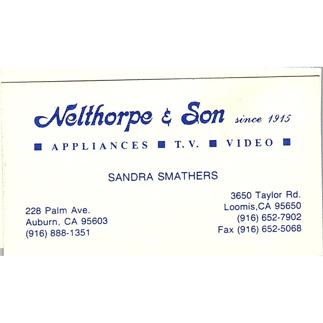 Sandra Smathers Nelthorpe & Son Auburn CA Vintage Business Card SD9-B14