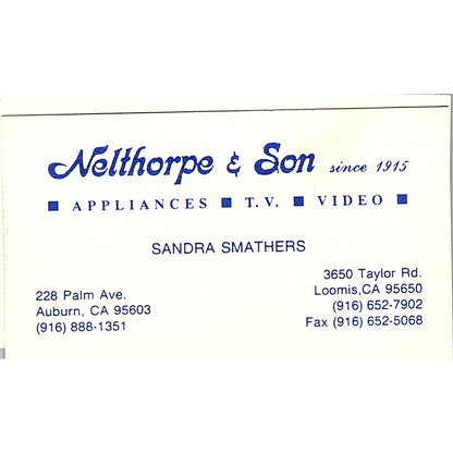 Sandra Smathers Nelthorpe & Son Auburn CA Vintage Business Card SD9-B14