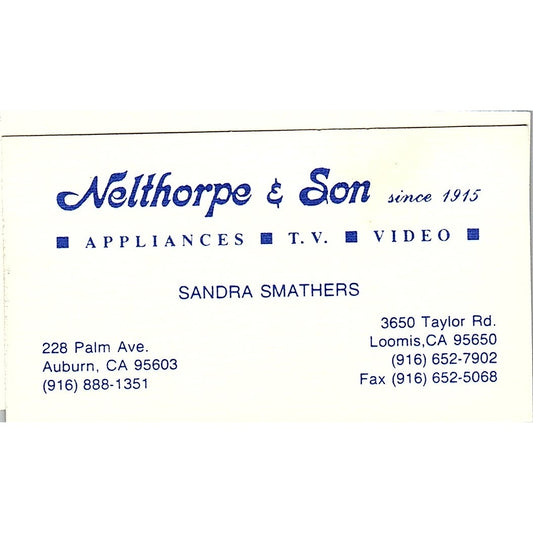 Sandra Smathers Nelthorpe & Son Auburn CA Vintage Business Card SD9-B14
