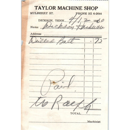 1960 Taylor Machine Shop Mulberry St. Dickson TN Letterhead Receipt D18