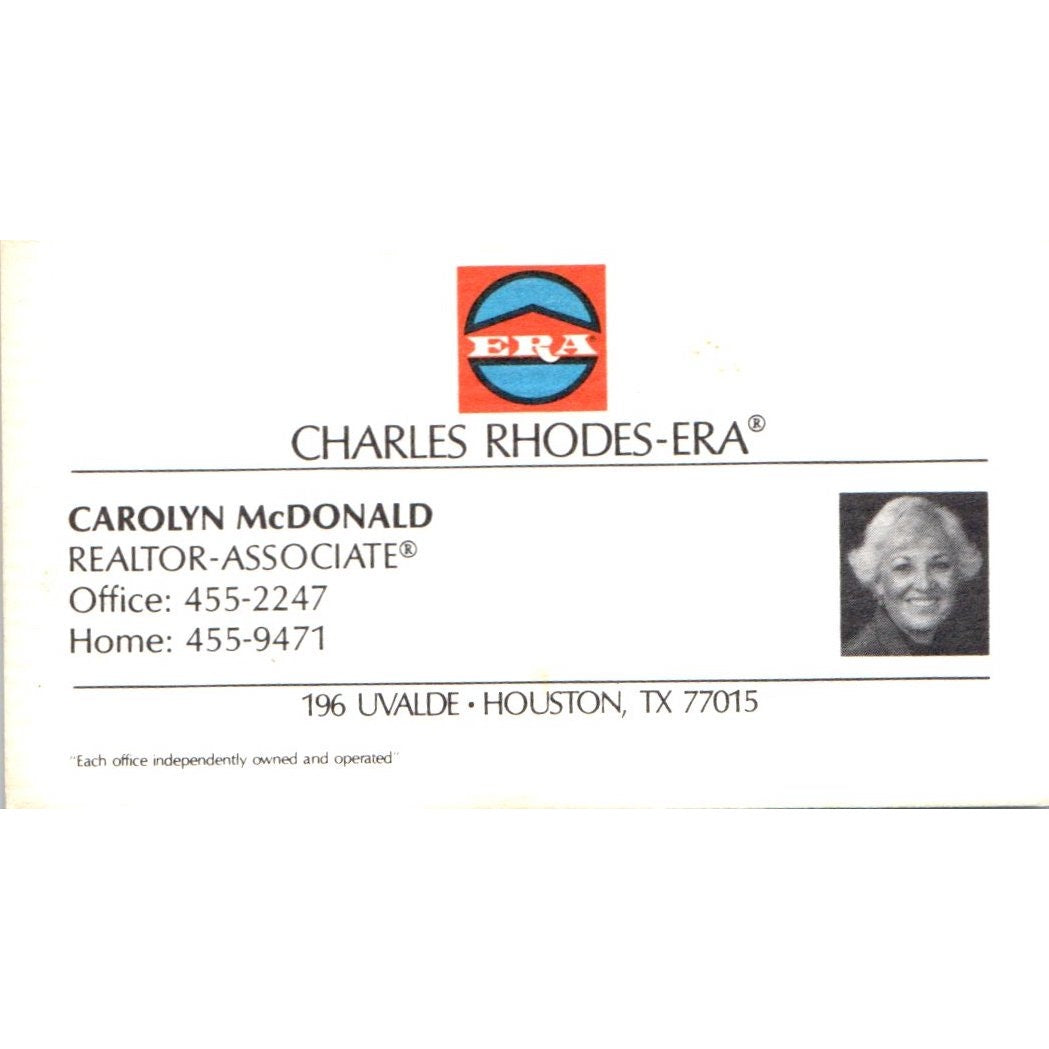 Carolyn McDonald Charles Rhodes ERA Realty Houston Vintage Business Card SD4-B5