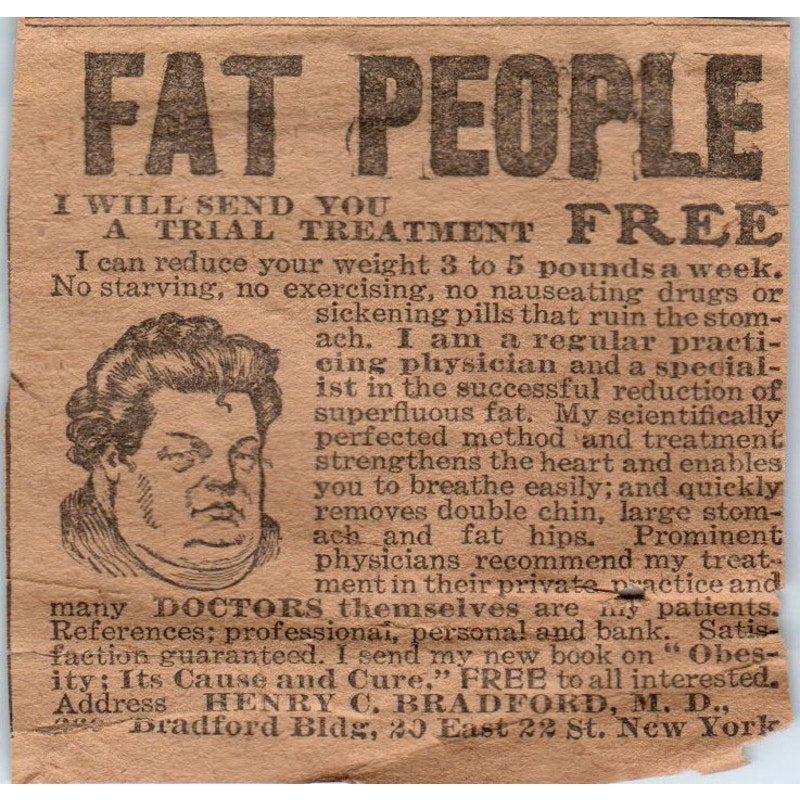 Fat People Free Trial Treatment Dr Henry C. Bradford NY 1906 Original Ad AB6-CL1