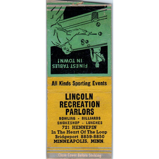 Lincoln Recreation Parlors Bowling Billiards Minneapolis Matchbook Cover SD4-Y15