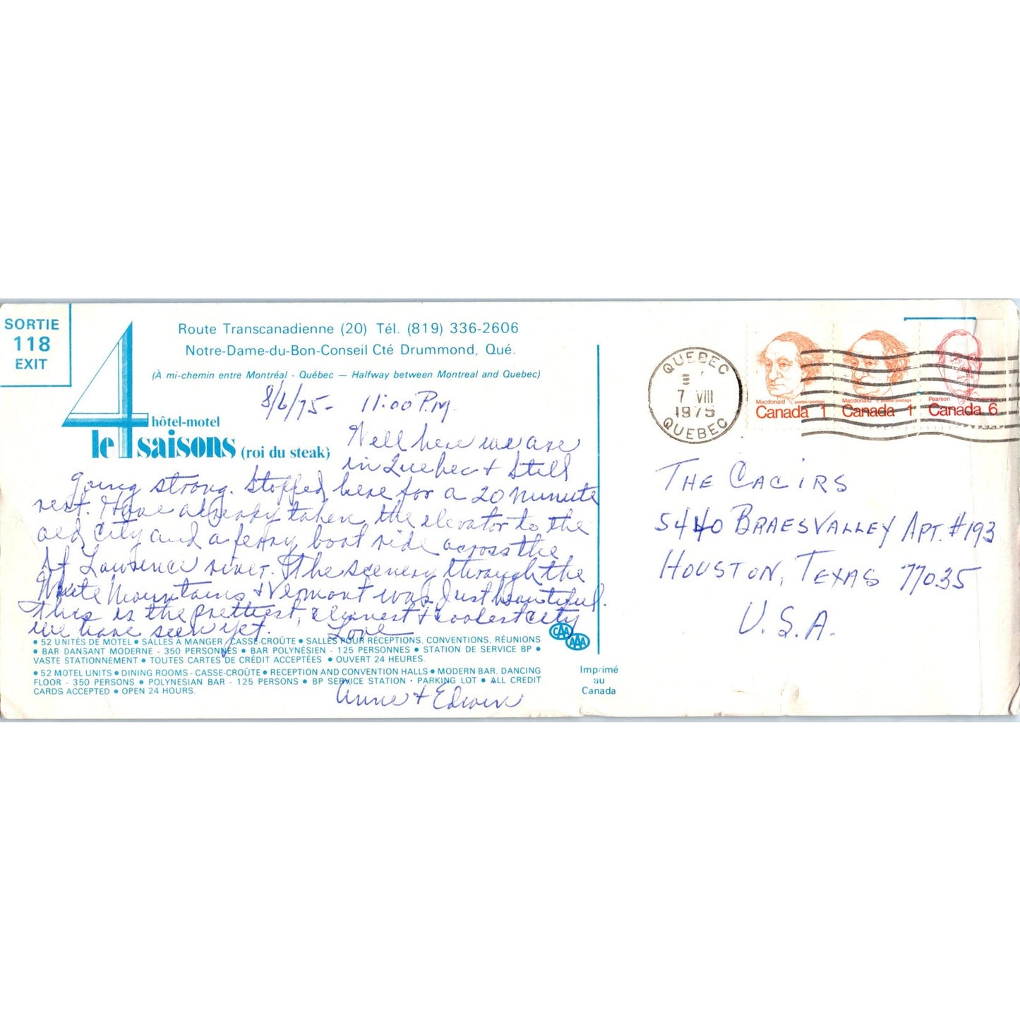 1975 Le 4 Seasons Hotel Quebec Canada Elongated Postcard AB8-RS1