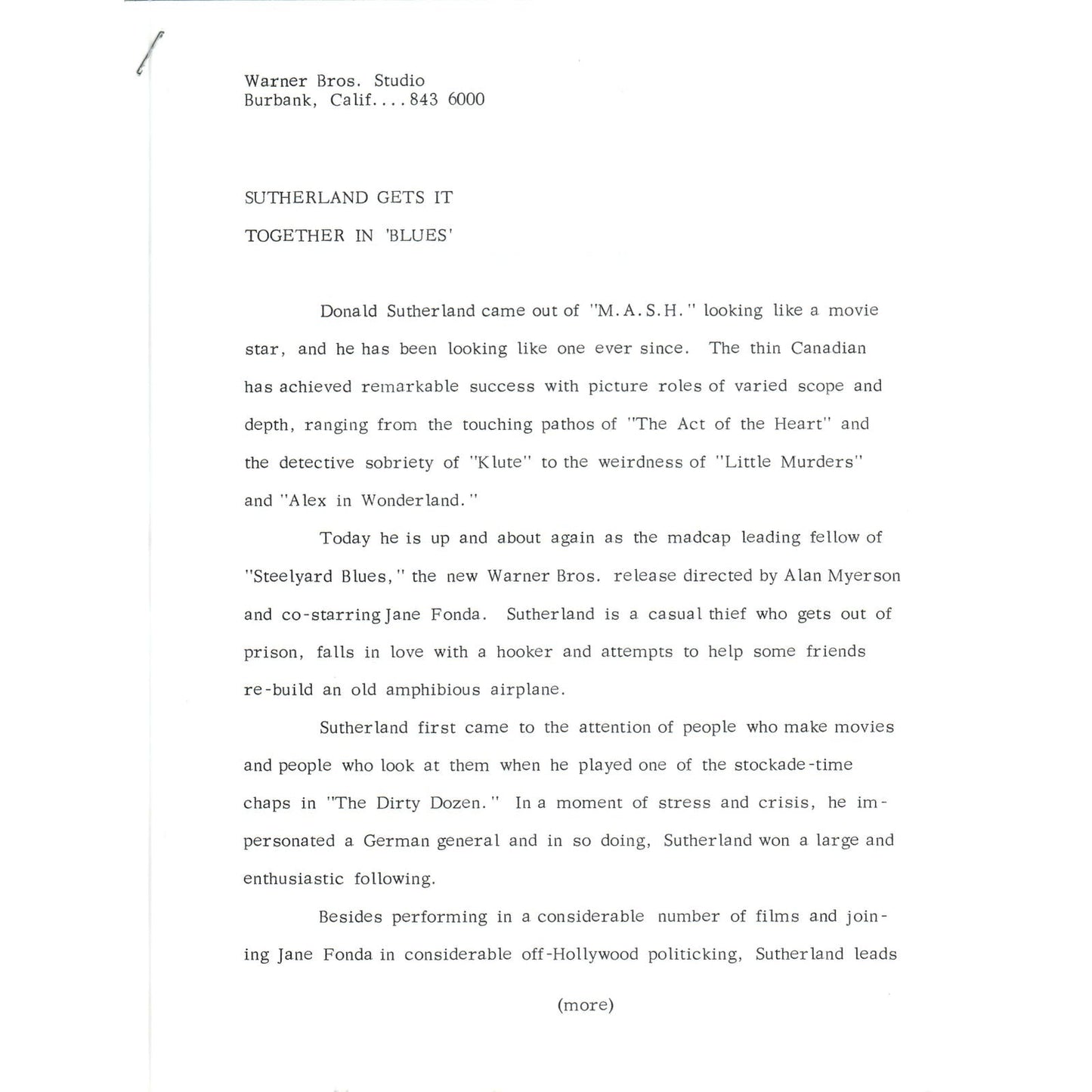 c1973 Warner Brothers Studio Donald Sutherland Promotional Bio Sheet AE6