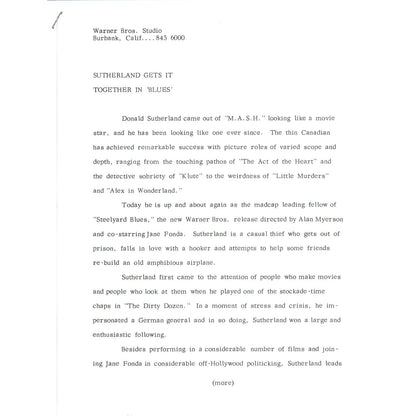 c1973 Warner Brothers Studio Donald Sutherland Promotional Bio Sheet AE6