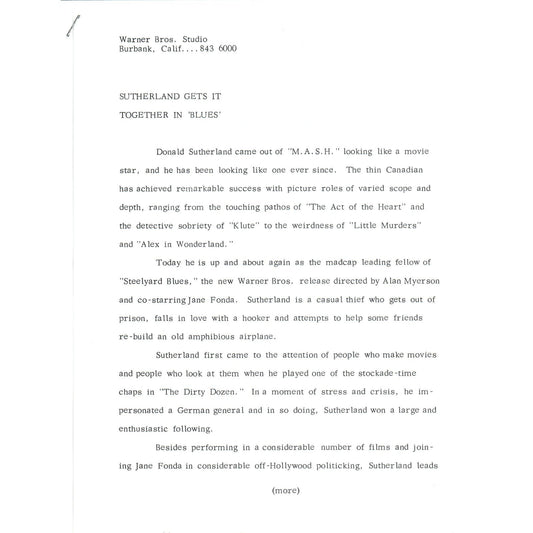 c1973 Warner Brothers Studio Donald Sutherland Promotional Bio Sheet AE6