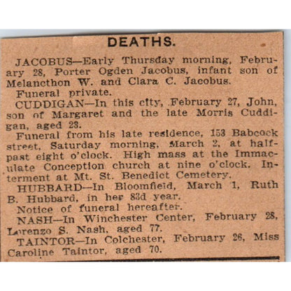 Death Announcement Jacobus Cuddigan Hubbard Nash Taintor Hartford 1901 AD8-HS3