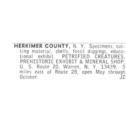 Petrified Creatures Prehistoric Exhibit & Mineral Shop Warren NY 1972 Ad AF8-S24