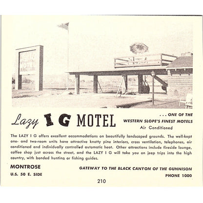 Lazy I G Motel Black Canyon Montrose CO 1958 Ad AG1-H6