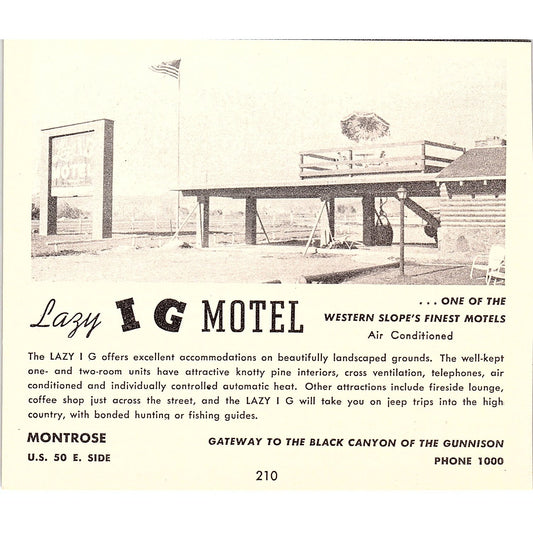 Lazy I G Motel Black Canyon Montrose CO 1958 Ad AG1-H6