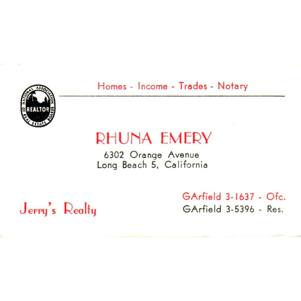 Rhuna Emery Jerry's Realty Long Beach CA Vintage Business Card SD8-B1