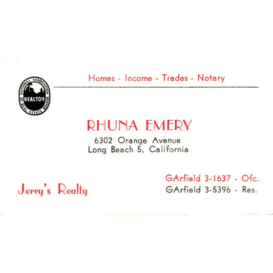 Rhuna Emery Jerry's Realty Long Beach CA Vintage Business Card SD8-B1