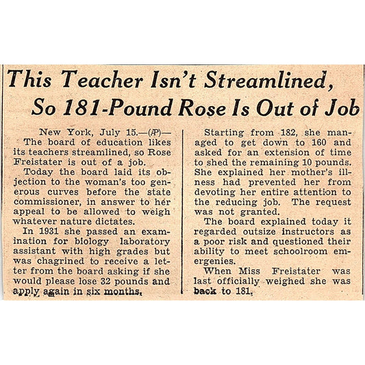 Rose Friestater 181 Pound Teacher Fired 1935 Newspaper Article AG6-M3