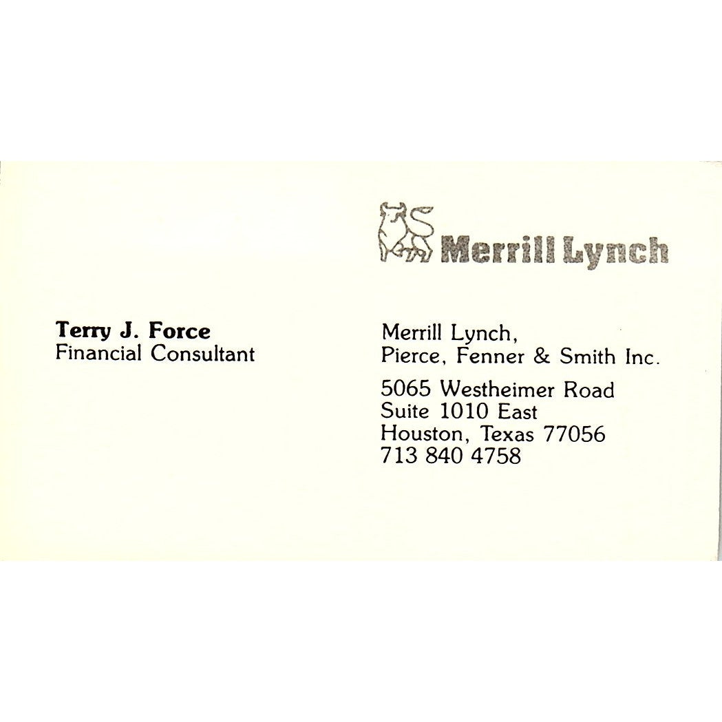 Terry J Force Merrill Lynch Houston Vintage Business Card SD9-B7
