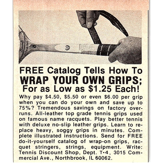 Wrap Your Own Racquet Grips Tennis Discount Shop Northbrook IL 1977 Ad AF3-Q3