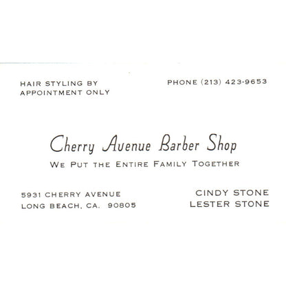 Cherry Ave Barber Shop Cindy & Lester Stone Long Beach Vtg Business Card SD8-B9