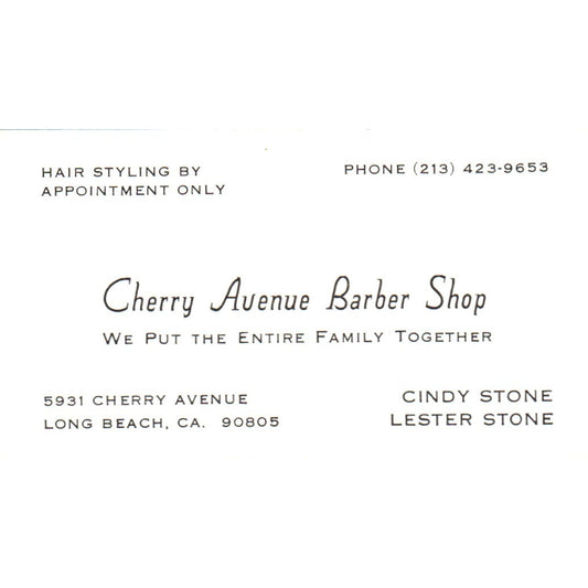 Cherry Ave Barber Shop Cindy & Lester Stone Long Beach Vtg Business Card SD8-B9