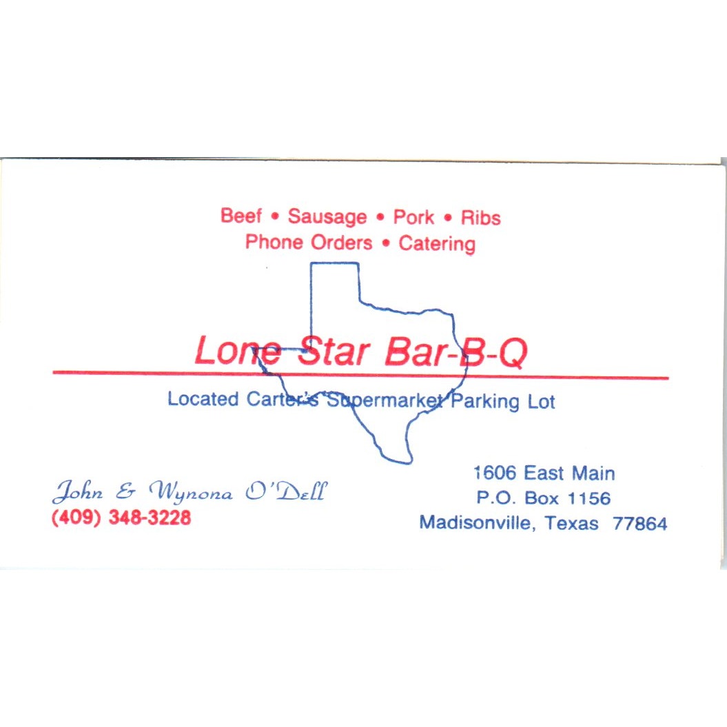Lone Star Barbeque John & Wynona O'Dell Madisonville TX Vtg Business Card SD8-B8