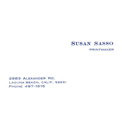 Vintage Susan Sasso 2983 Alexander RD, Laguna beach Calif Business Card SF3-B1