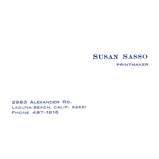 Vintage Susan Sasso 2983 Alexander RD, Laguna beach Calif Business Card SF3-B1