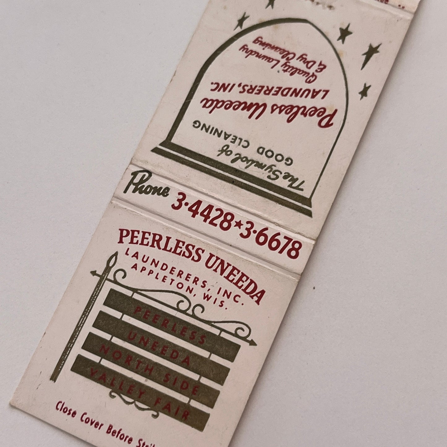 Peerless Uneeda Launderers Inc Appleton WI Vintage Matchbook Cover MB59-2