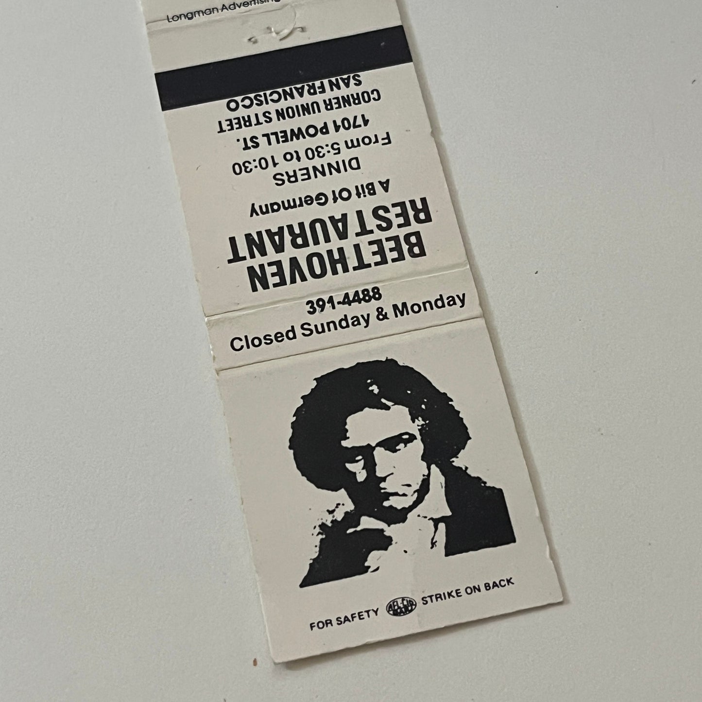 Beethoven Restaurant Union Street San Francisco Vintage Matchbook TB6-MB2-6