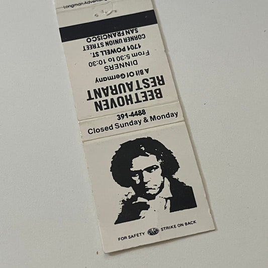 Beethoven Restaurant Union Street San Francisco Vintage Matchbook TB6-MB2-6