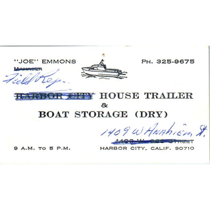 Harbor City Boat Storage Joe Emmons CA Vintage Business Card SD8-B8