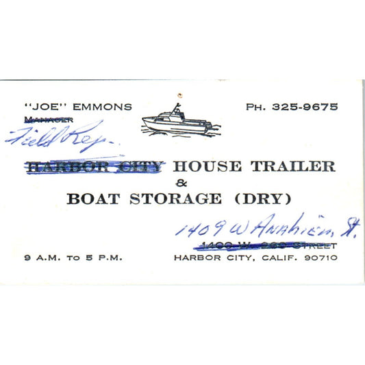 Harbor City Boat Storage Joe Emmons CA Vintage Business Card SD8-B8