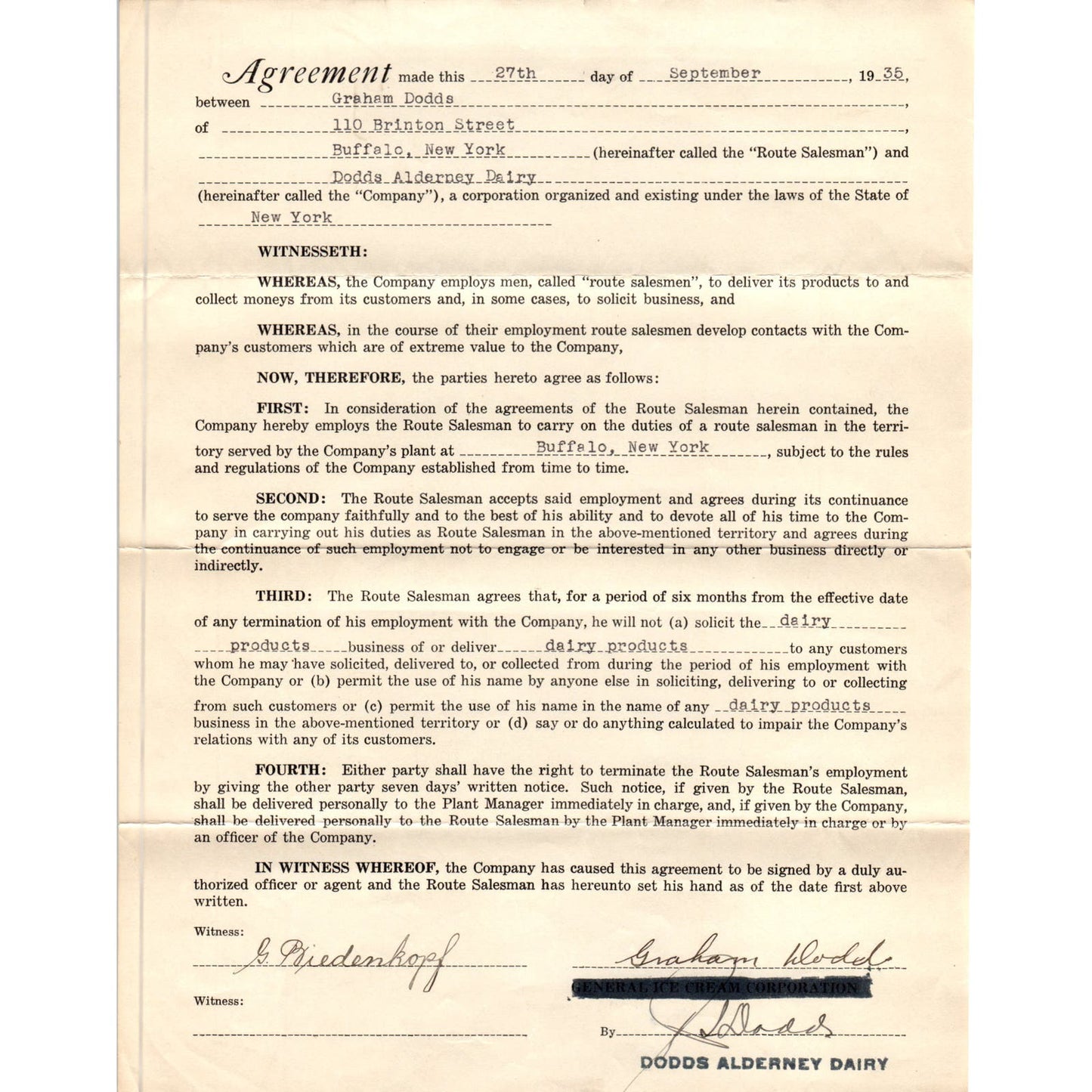 1935 Graham Dodds Alderney Dairy Agreement Buffalo NY AE6-1