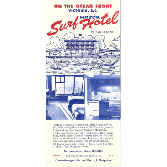 Victoria BC Surf Hotel H.P. Mangelsen 1960s Travel Leaflet TH2-TB4