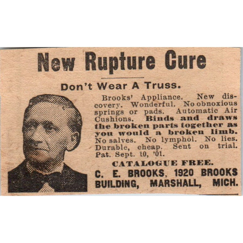 New Rupture Cure C.E. Brooks Marshall MI 1910 Magazine Ad AF1-CM1