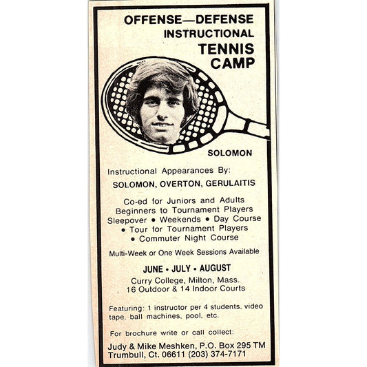 Curry College Tennis Camp Solomon, Overton, Gerulaitis Milton MA 1977 Ad AF3-Q1
