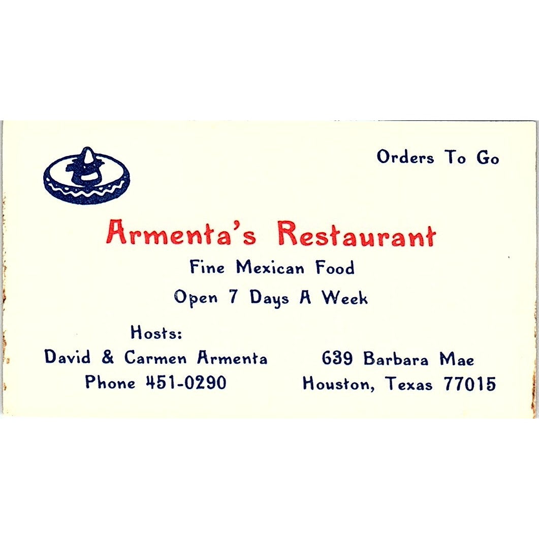 David & Carmen Armenta Mexican Restaurant Houston Vintage Business Card SD9-B6
