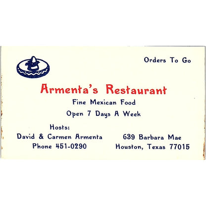 David & Carmen Armenta Mexican Restaurant Houston Vintage Business Card SD9-B6