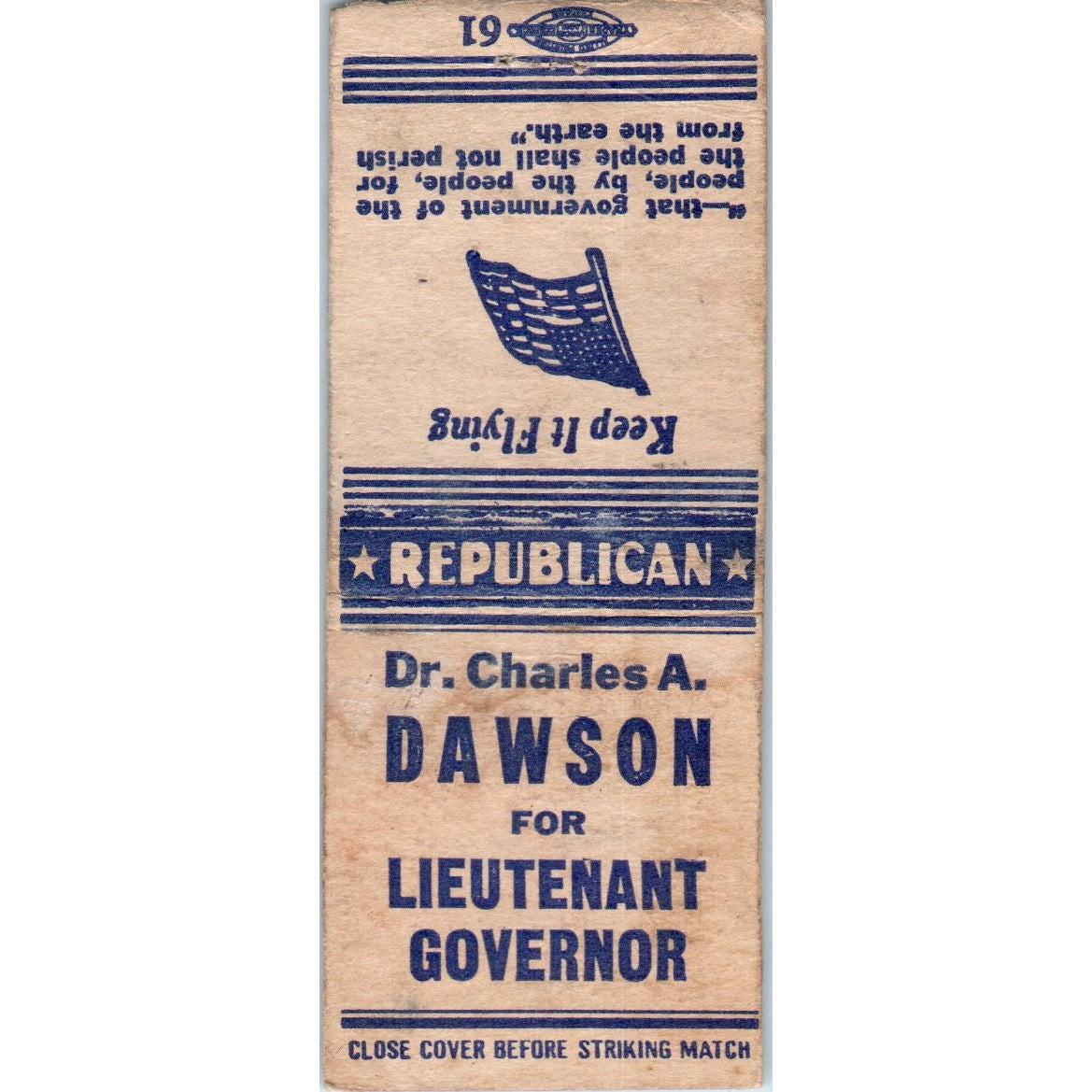 Dr. Charles A. Dawson For Lt. Governor Republican Milwaukee Vtg Matchbook SF4-Y4