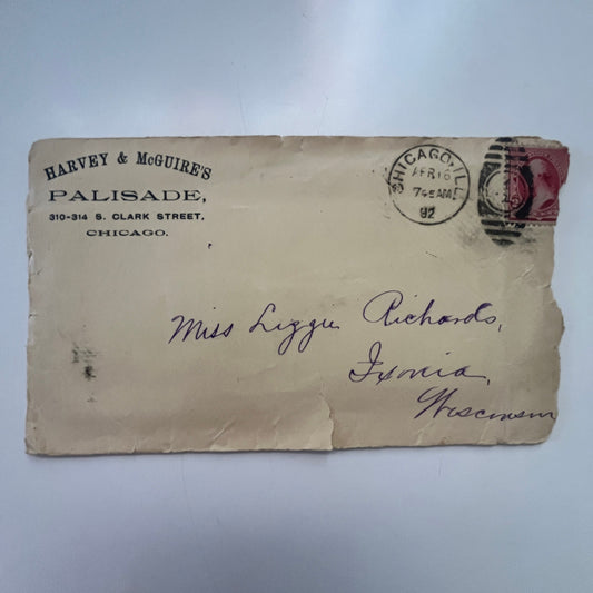 1892 Harvey & McGuire's Palisade Chicago Handwritten Letter & Envelope AI9-H6