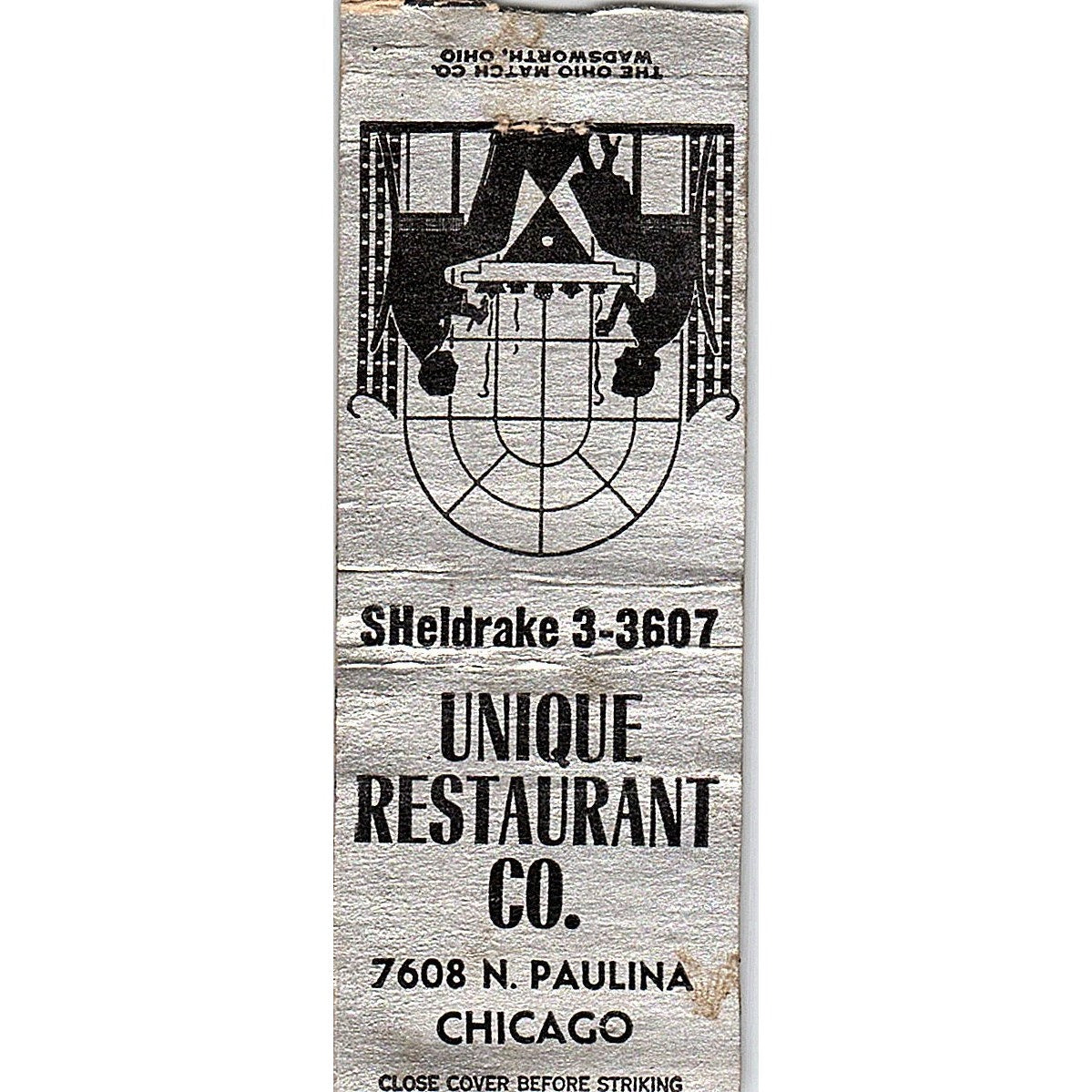 Unique Restaurant Co 7608 N. Paulina Chicago Vintage Matchbook Cover SC7-Y10