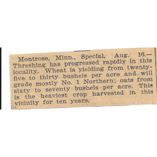 Montrose MN Grain Wheat Oat Threshing St. Paul 1898 Newspaper Ad AF2-S5