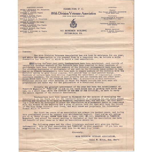 c1920 Hamilton P.C. 80th Division Veterans Assn Newsletter Reunion WWI AF1-RR6
