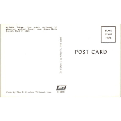 McBride Bridge Winterset Madison County IA Vintage Covered Bridge Postcard PC16